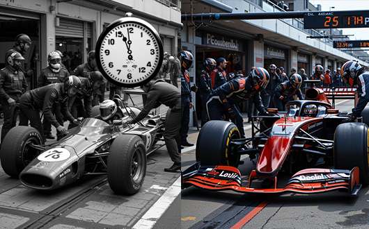 Illustration depicting a changeover time reduction evolution by motor racing pit crew performing a tire change, showcasing the transition from old to new.